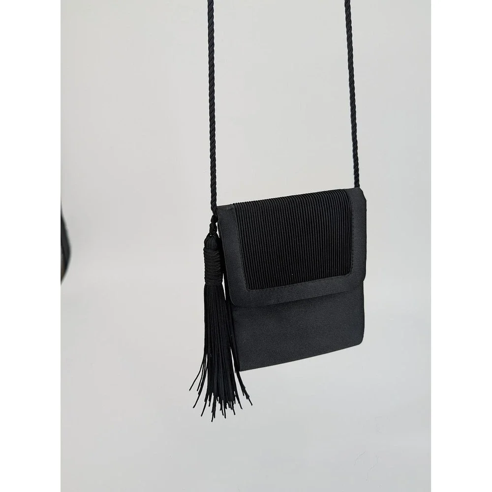 Lord & Taylor Vintage Black Satin Evening Bag Pleated Tassel Crossbody Clutch - Picture 9 of 12